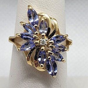 14K YELLOW GOLD TANZANITE & DIAMOND FLOWER RING  SIZE 5.5